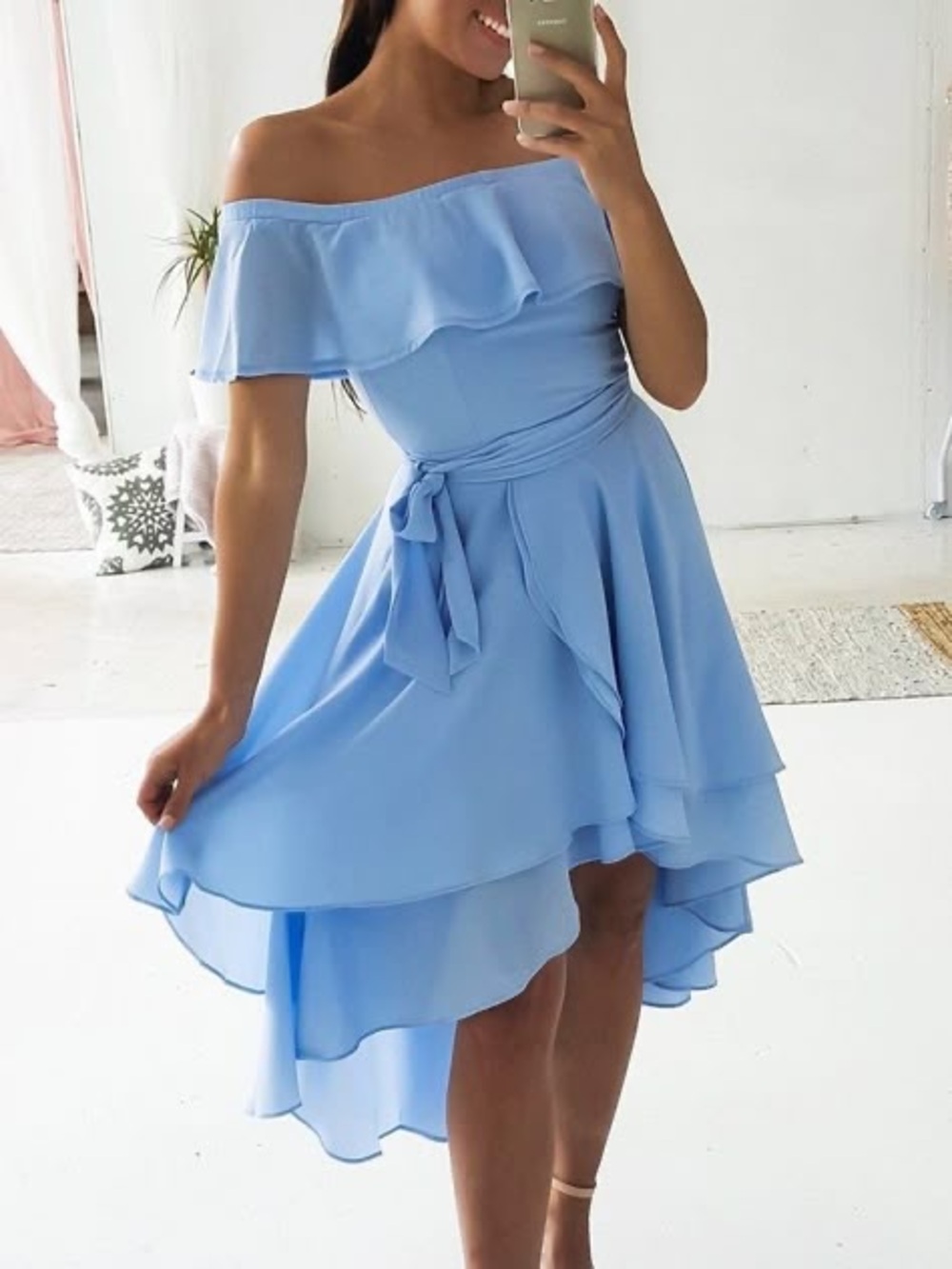 Windsor Off-Shoulder Ruffle Dress Light Blue with tie belt SMALL